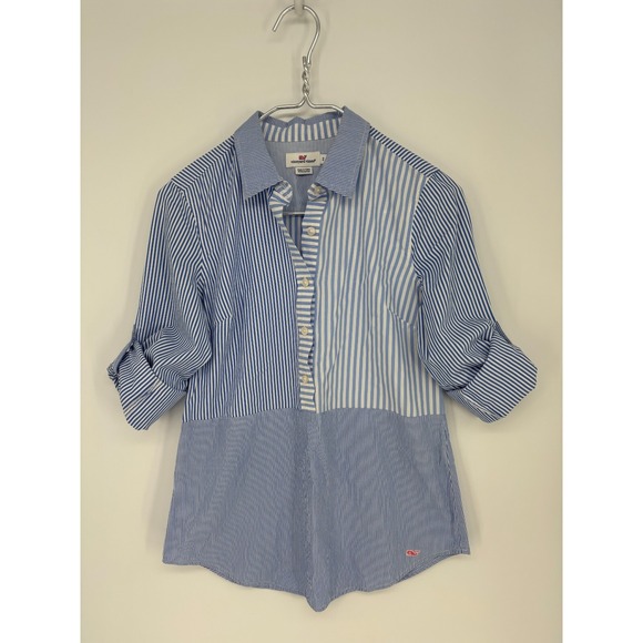 Vineyard Vines Tops - Vinyard Vines Blouse 2 Blue Striped Popover Button Up Roll Tab Sleeves Coastal